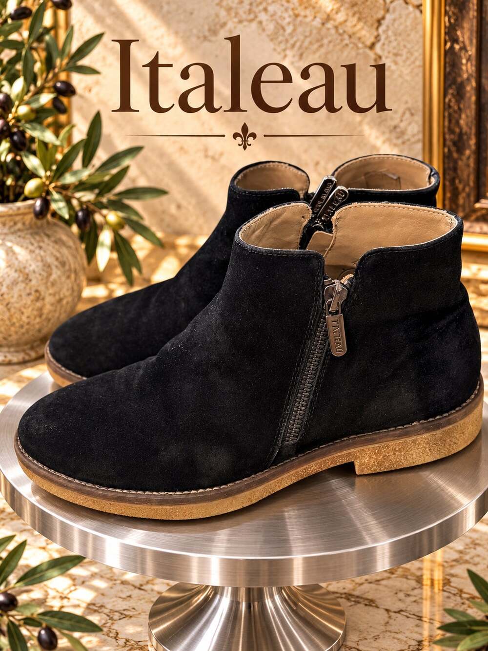 Italeau Black Suede Leather Side Zip Ankle Booties Crepe Sole EU 39.5 US 9